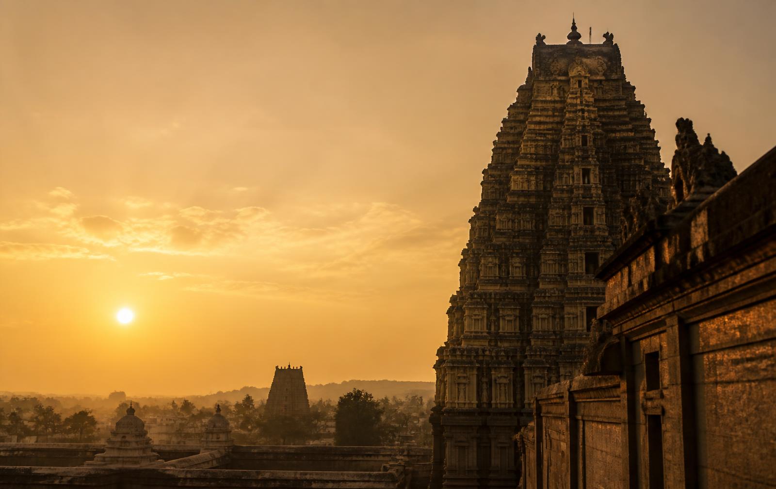 South Indian temple gopuram at golden hour