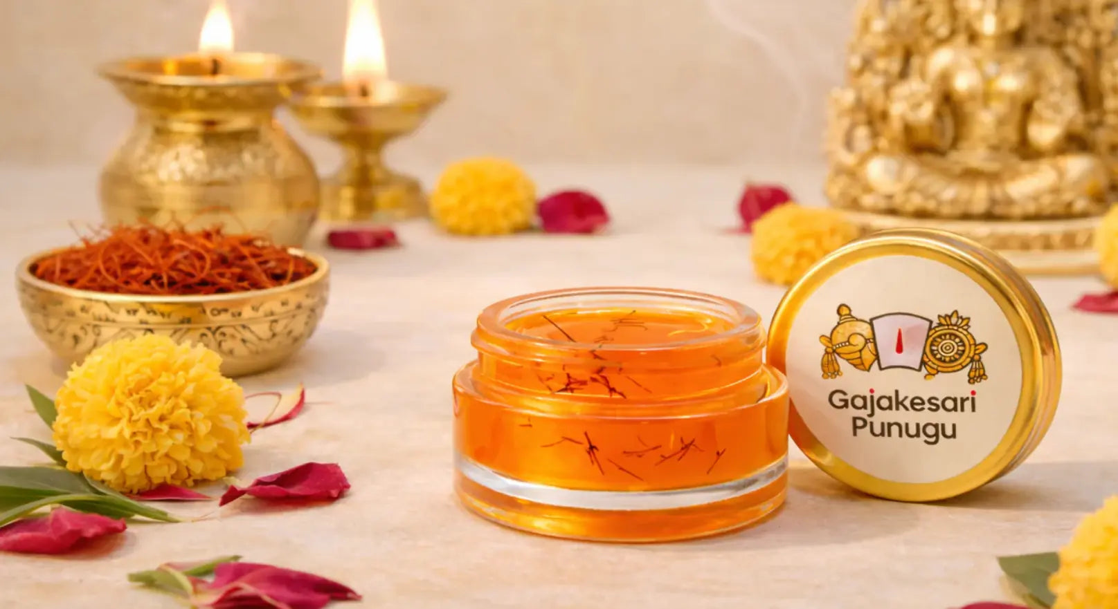 Gajakesari Punugu in an open brass container beside a lit brass lamp and jasmine flowers